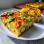 Two golden slices of Crustless Garden Vegetable Quiche on a white plate, packed with zucchini, broccoli, and red peppers.