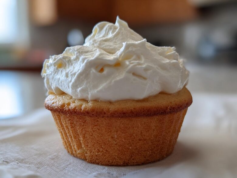 A single vanilla cupcake topped with a generous swirl of fluffy white Cool Whip frosting.