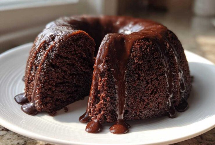 A dark, moist Death By Chocolate Bundt Cake with thick chocolate glaze dripping down the sides, served on a white plate.