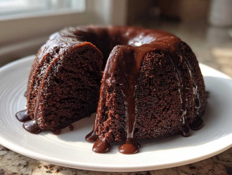 A dark, moist Death By Chocolate Bundt Cake with thick chocolate glaze dripping down the sides, served on a white plate.