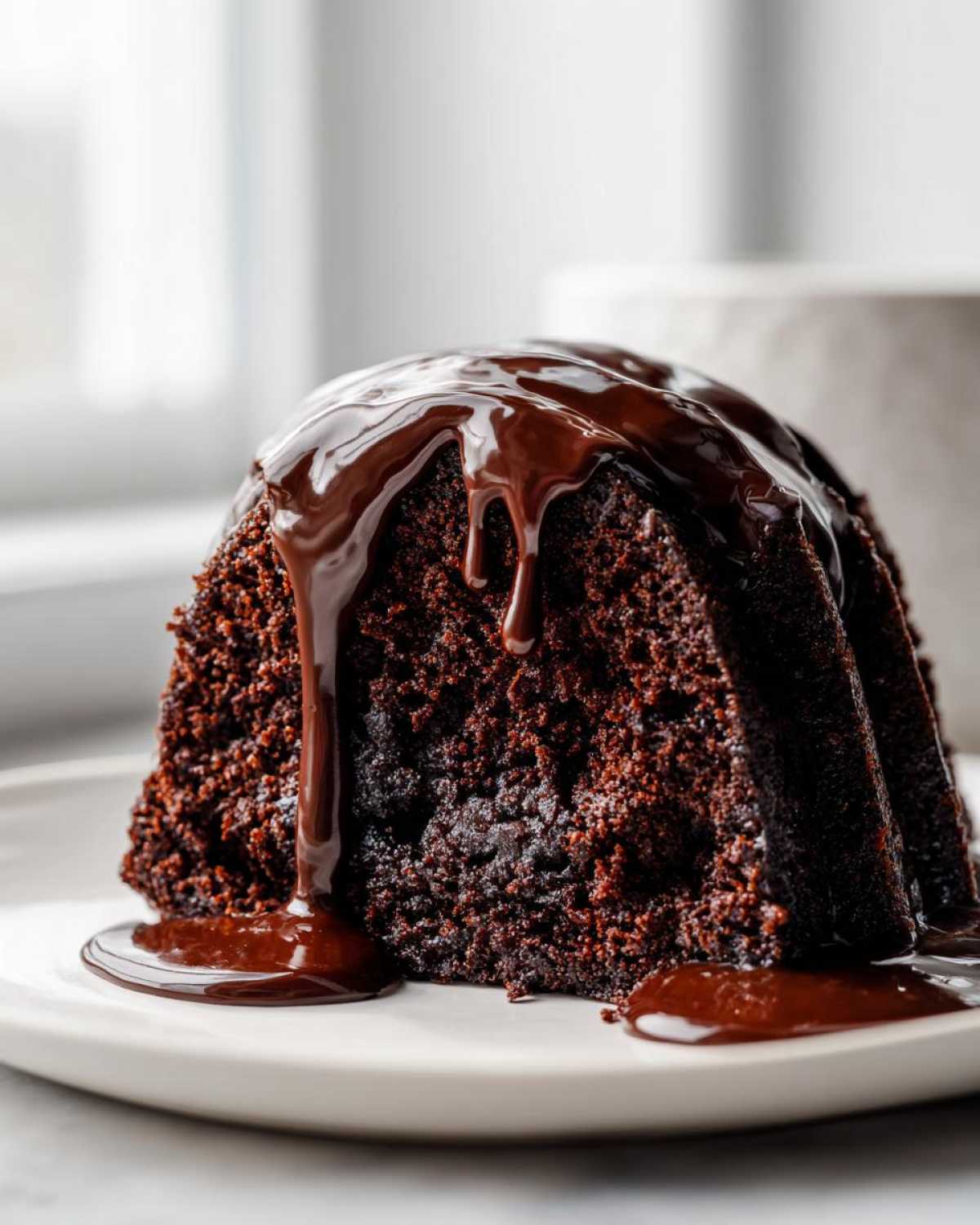 A close-up of a rich, dark slice of Death By Chocolate Bundt Cake topped with dripping chocolate ganache.