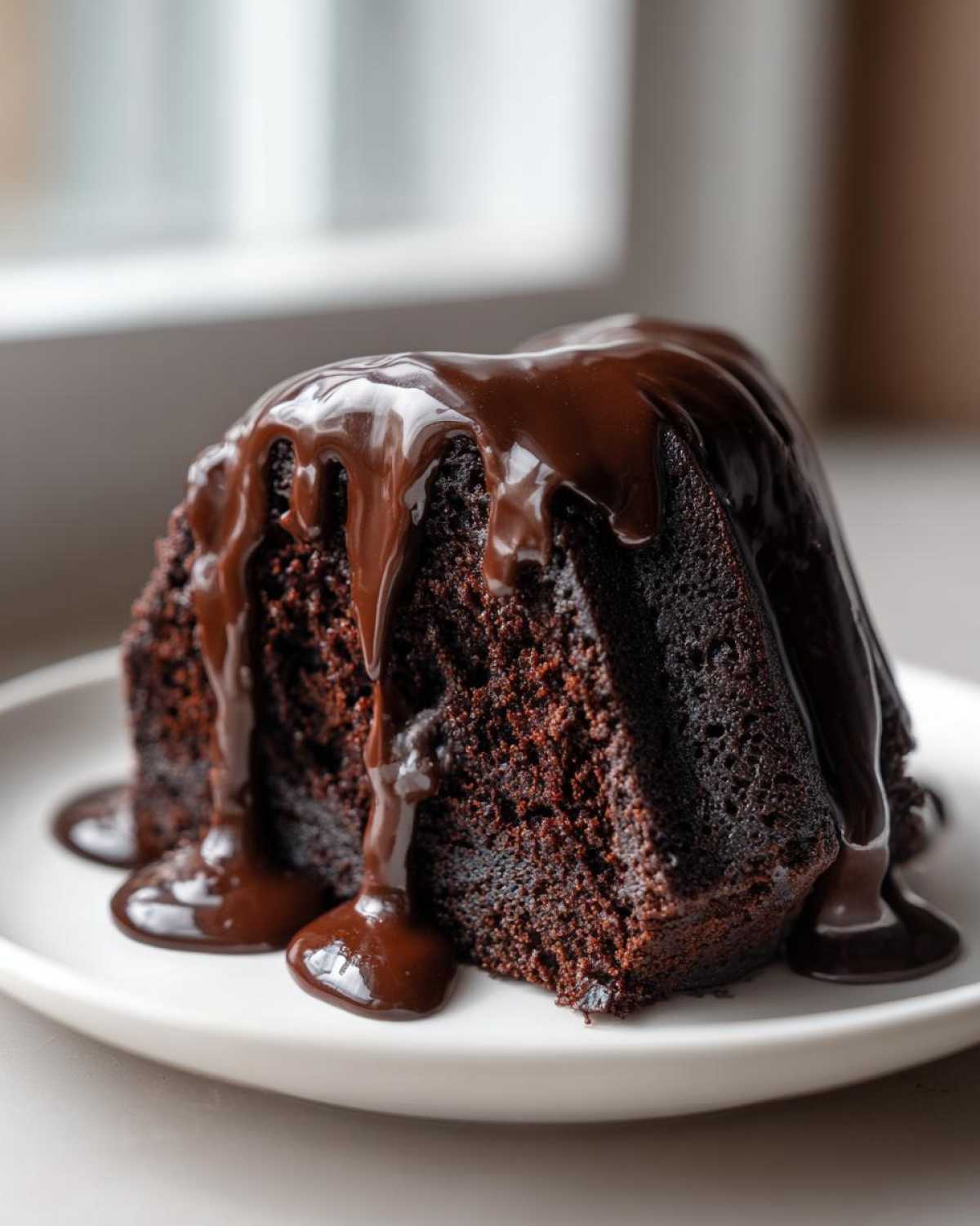 A decadent slice of Death By Chocolate Bundt Cake generously covered in dripping chocolate ganache on a white plate.