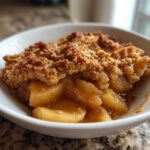 Close-up of a single serving of warm Apple Crisp featuring tender spiced apples and a golden, crumbly oat topping.