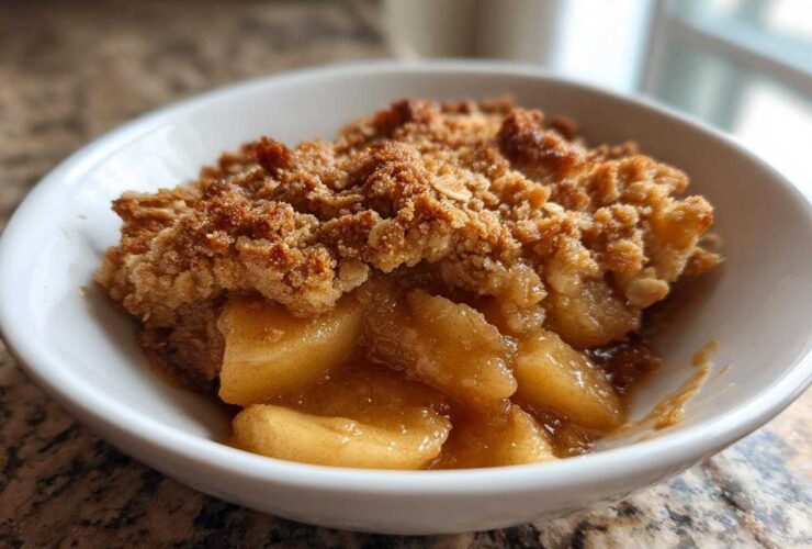 Close-up of a single serving of warm Apple Crisp featuring tender spiced apples and a golden, crumbly oat topping.
