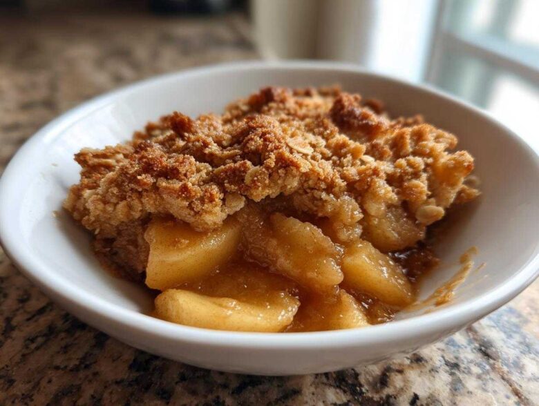 Close-up of a single serving of warm Apple Crisp featuring tender spiced apples and a golden, crumbly oat topping.