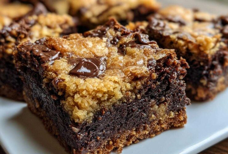 A close-up, featured image of a fudgy, layered Brookies bar showing the dark brownie base and the lighter cookie topping with melted chocolate chips.