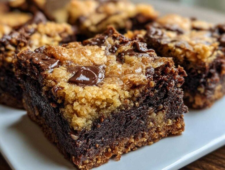 A close-up, featured image of a fudgy, layered Brookies bar showing the dark brownie base and the lighter cookie topping with melted chocolate chips.