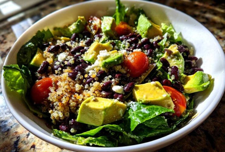Close-up of a vibrant Fresh Avocado Bowl featuring avocado chunks, black beans, quinoa, cherry tomatoes, and lettuce.