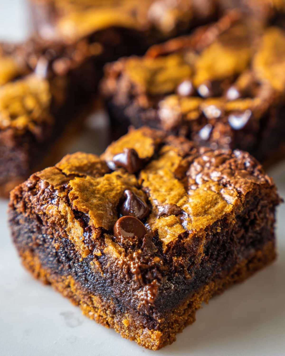 A close-up shot of a fudgy, square piece of Brookies showing the distinct brownie layer and cookie topping with melted chocolate chips.