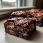 A close-up of a rich, fudgy Kit Kat Brownies square showing melted candy pieces baked inside.