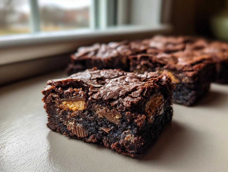 A close-up of a rich, fudgy Kit Kat Brownies square showing melted candy pieces baked inside.