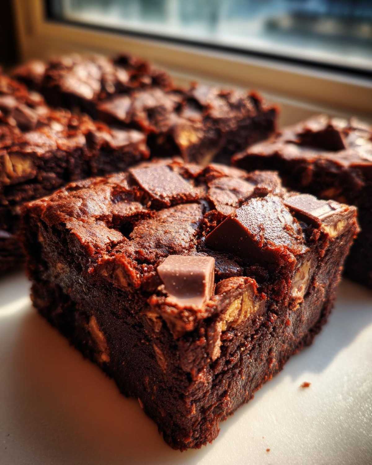 A close-up, richly textured square of fudgy Kit Kat Brownies topped with chocolate pieces, sitting in sunlight.