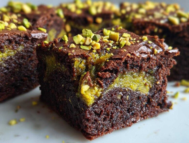 Close-up of a fudgy Pistachio Dubai Brownies square showing the rich chocolate cake and bright green pistachio swirl center, topped with chopped pistachios.