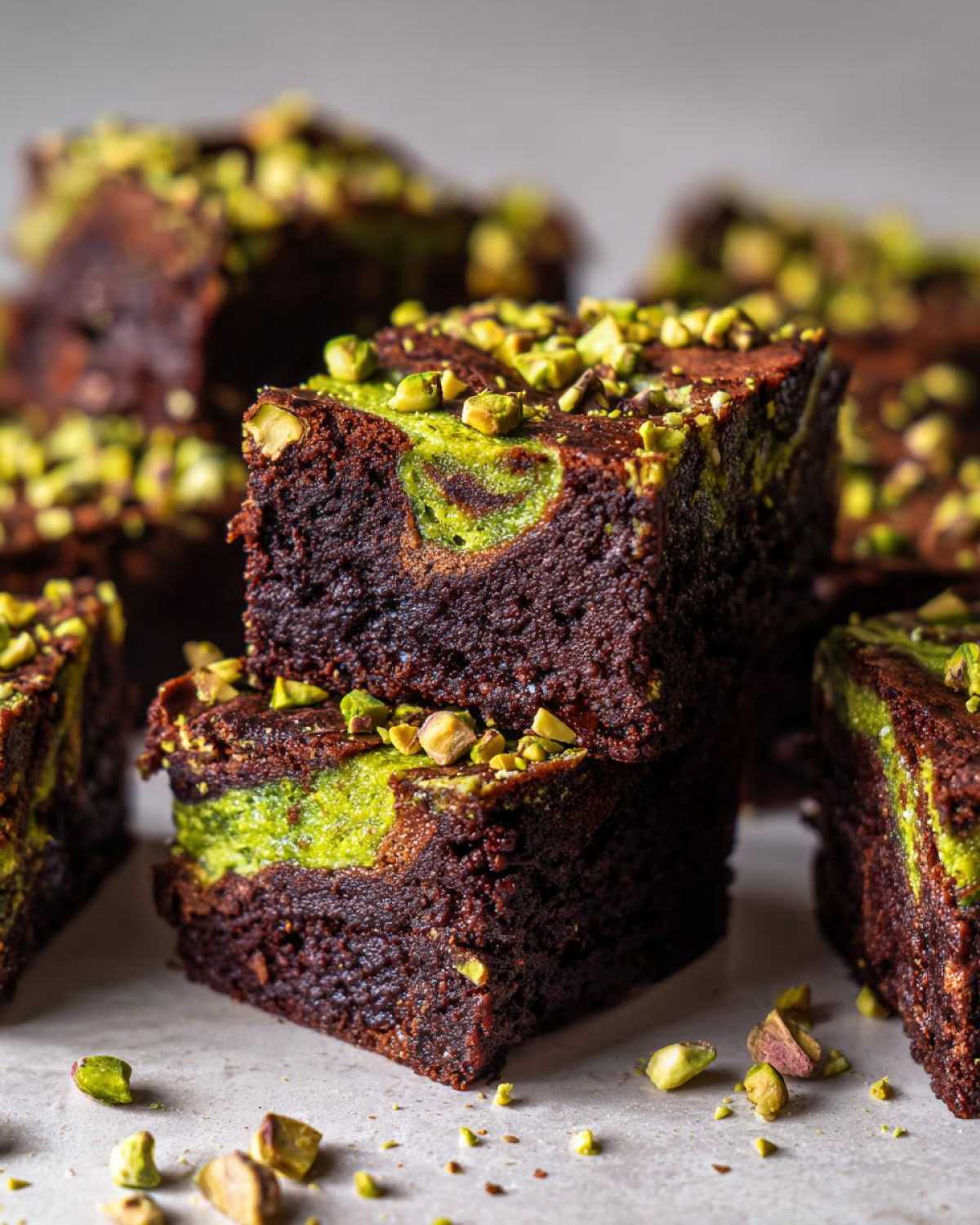 Close-up of fudgy Pistachio Dubai Brownies squares stacked, showing a green pistachio swirl and chopped pistachio topping.
