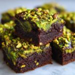 Close-up of stacked, fudgy Pistachio Dubai Brownies topped with bright green pistachio swirl and chopped nuts.