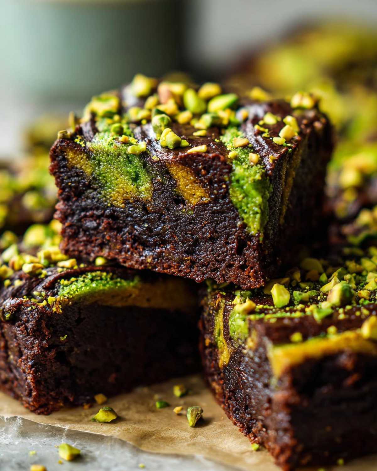 Close-up of fudgy Pistachio Dubai Brownies stacked, showing a rich chocolate base with green and yellow pistachio swirl and chopped nuts on top.