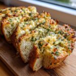 Close-up of several thick slices of golden-brown Garlic Bread with Cheese, topped with melted cheese and fresh green parsley.