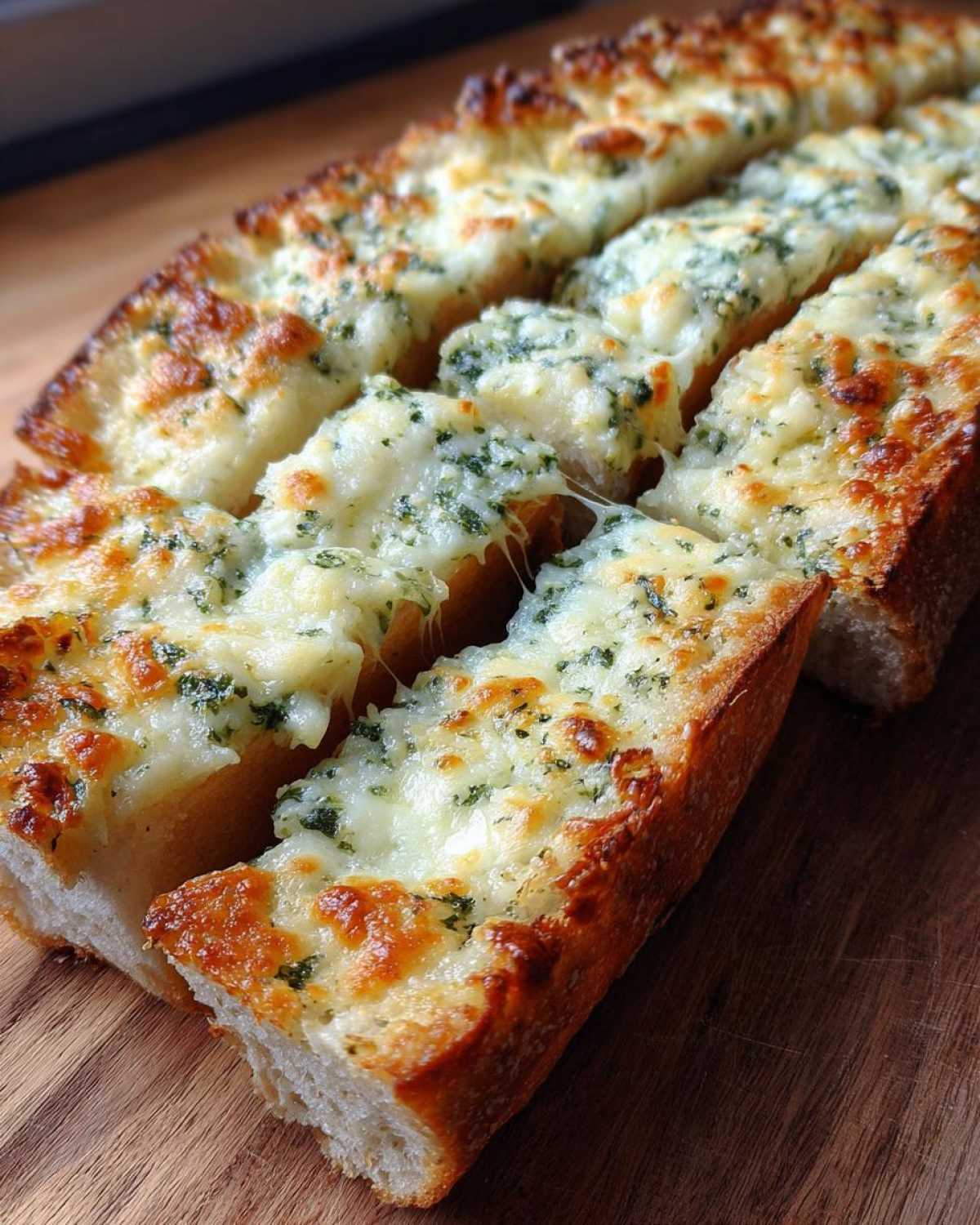 Close-up of freshly baked Garlic Bread with Cheese, sliced and showing melted, gooey cheese and herbs.