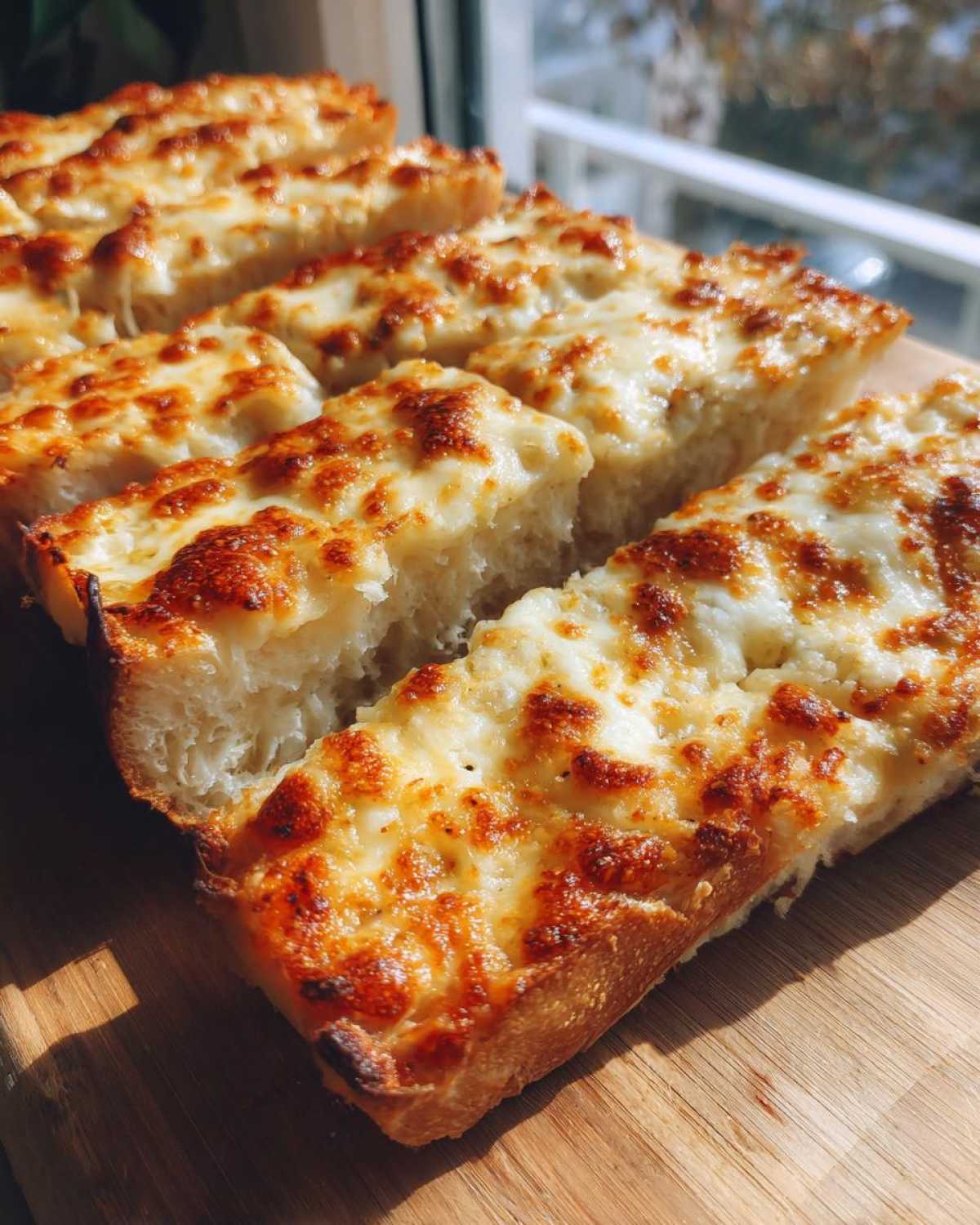 Four slices of freshly baked Garlic Bread with Cheese, featuring bubbly, browned mozzarella topping on a wooden board.
