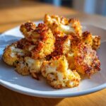 Close-up of perfectly crispy Garlic Parmesan Roasted Cauliflower florets piled on a white plate.