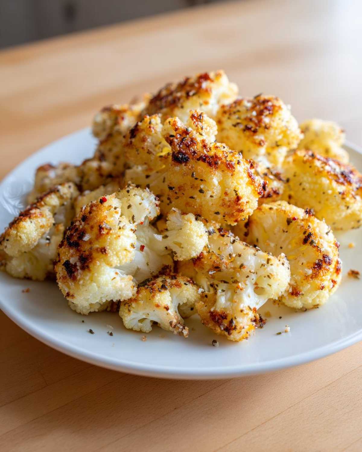 Close-up of perfectly roasted Garlic Parmesan Roasted Cauliflower florets piled high on a white plate.