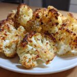 A plate piled high with crispy, browned florets of Garlic Parmesan Roasted Cauliflower.