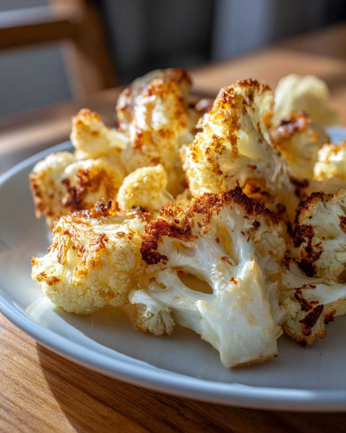 Close-up of beautifully browned Garlic Parmesan Roasted Cauliflower florets served on a white plate.