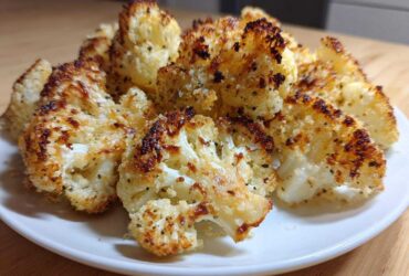 A plate piled high with crispy, browned florets of Garlic Parmesan Roasted Cauliflower.