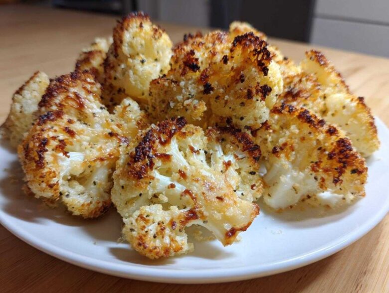 A plate piled high with crispy, browned florets of Garlic Parmesan Roasted Cauliflower.