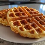 Two golden-brown High Protein Waffles stacked slightly on a white plate, ready to eat.