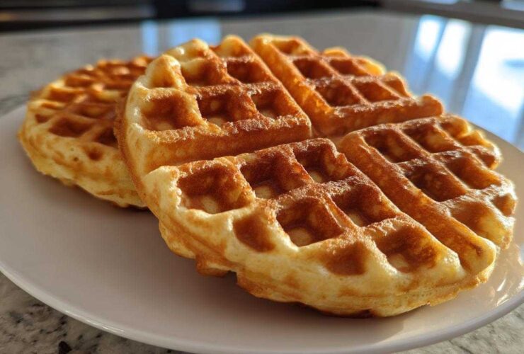 Two golden-brown High Protein Waffles stacked slightly on a white plate, ready to eat.