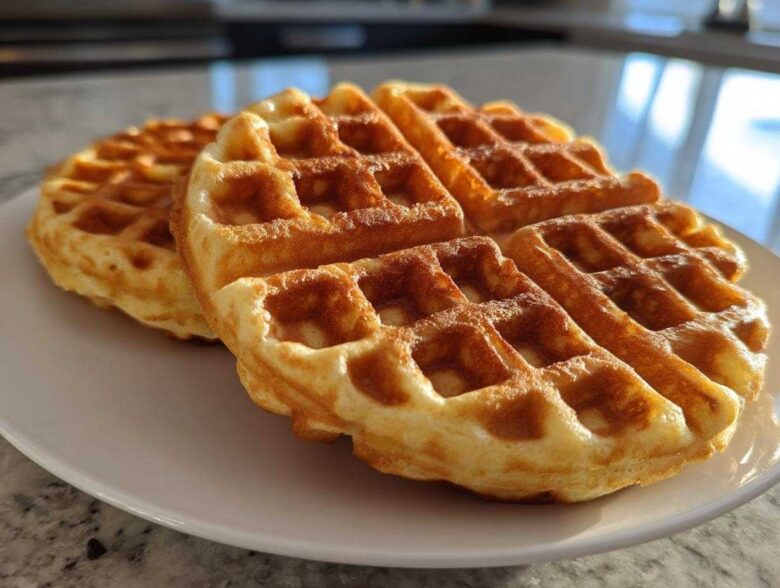 Two golden-brown High Protein Waffles stacked slightly on a white plate, ready to eat.