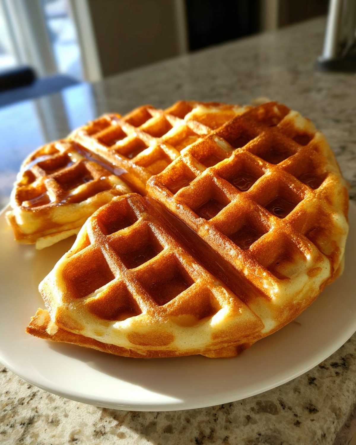 Close-up of two golden brown High Protein Waffles drizzled with syrup, served on a white plate.