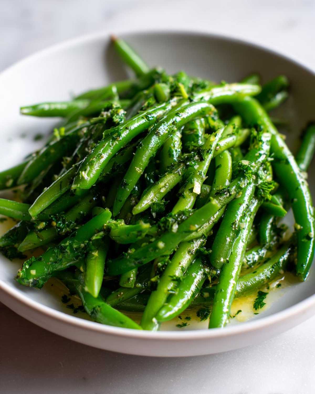 Close-up of bright green beans tossed in a vibrant herb and oil dressing, likely part of a Greek Bean Salad.