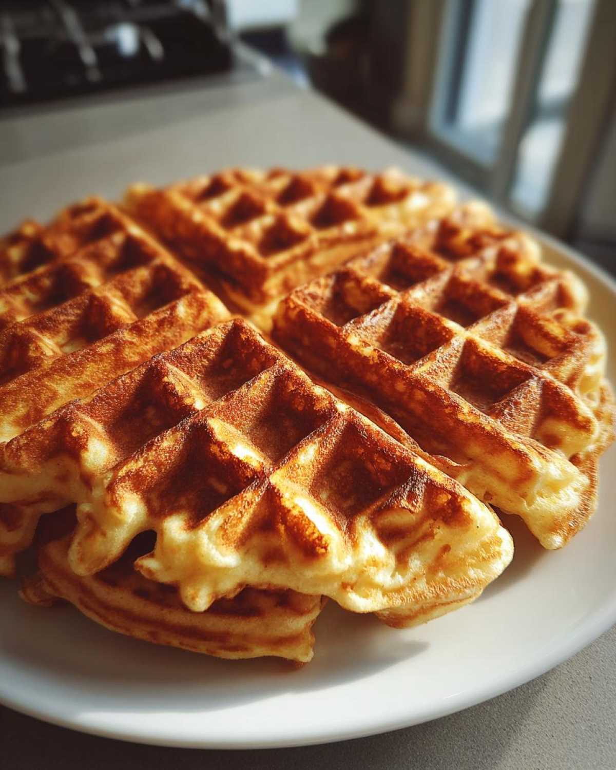 Close-up of golden brown, freshly made High Protein Waffles stacked on a white plate, ready to eat.