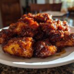 A pile of glistening, caramelized Honey Garlic Chicken Bites served on a white plate.