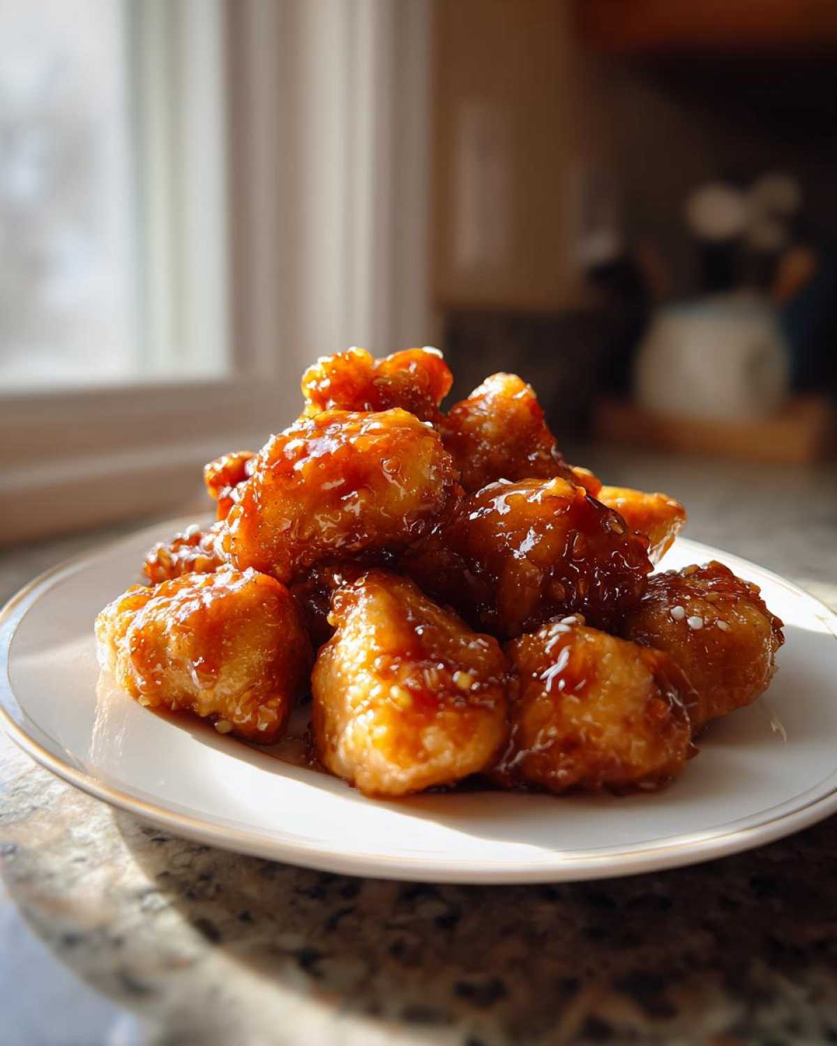 A pile of crispy, glazed Honey Garlic Chicken Bites stacked on a white plate, catching sunlight.