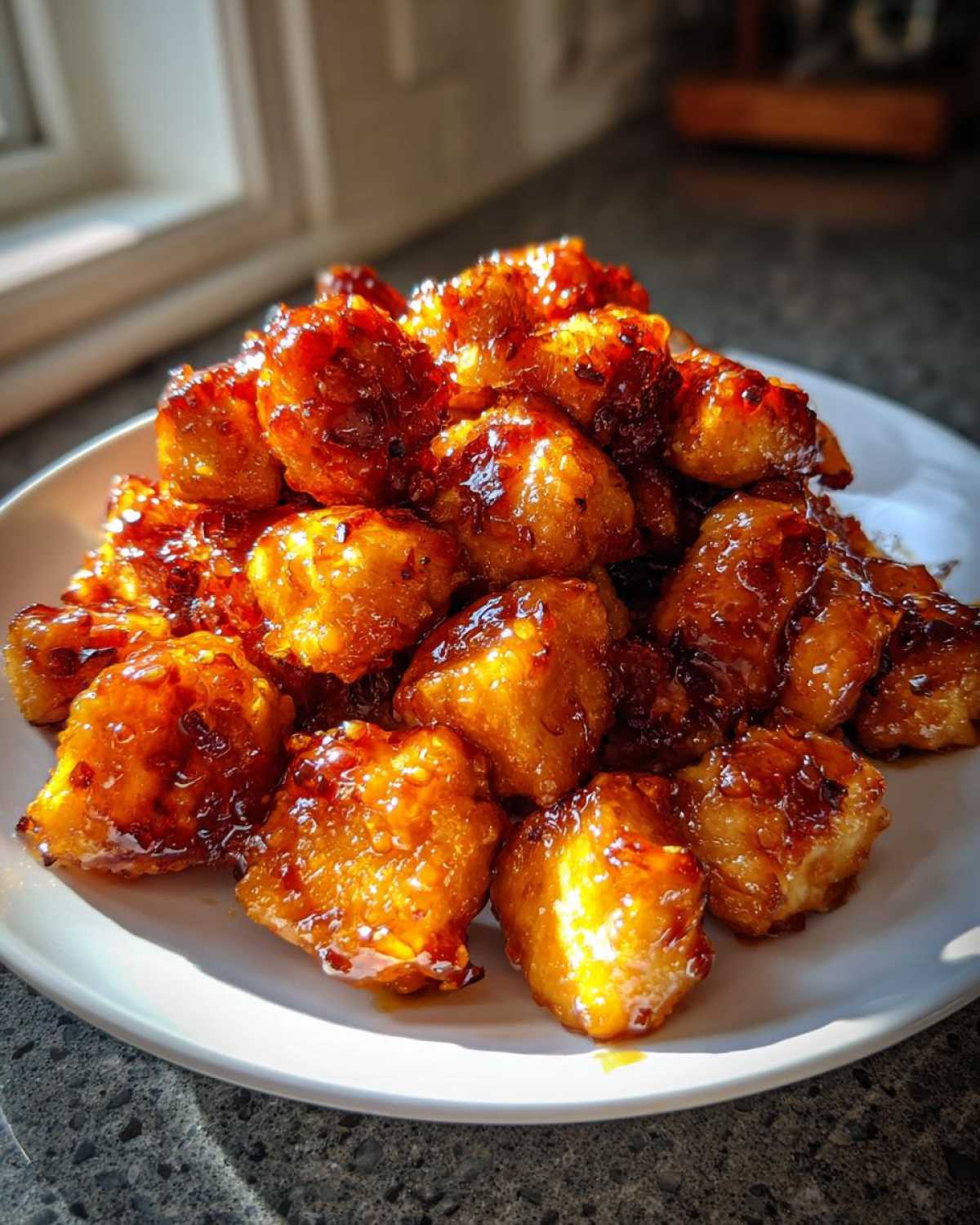 A close-up of golden, glazed Honey Garlic Chicken Bites piled high on a white plate, glistening under bright light.