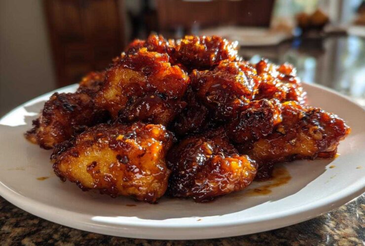 A pile of glistening, caramelized Honey Garlic Chicken Bites served on a white plate.