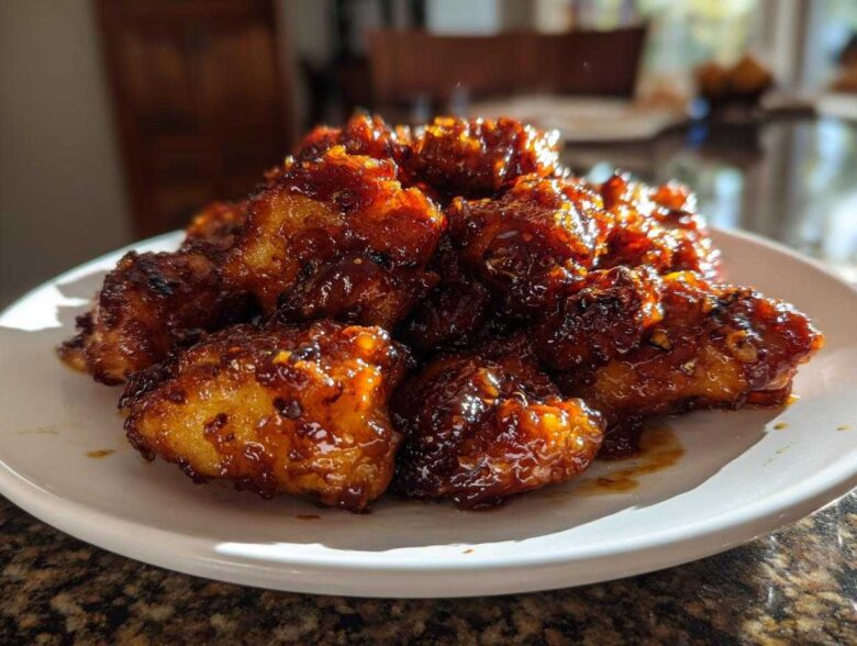 A pile of glistening, caramelized Honey Garlic Chicken Bites served on a white plate.