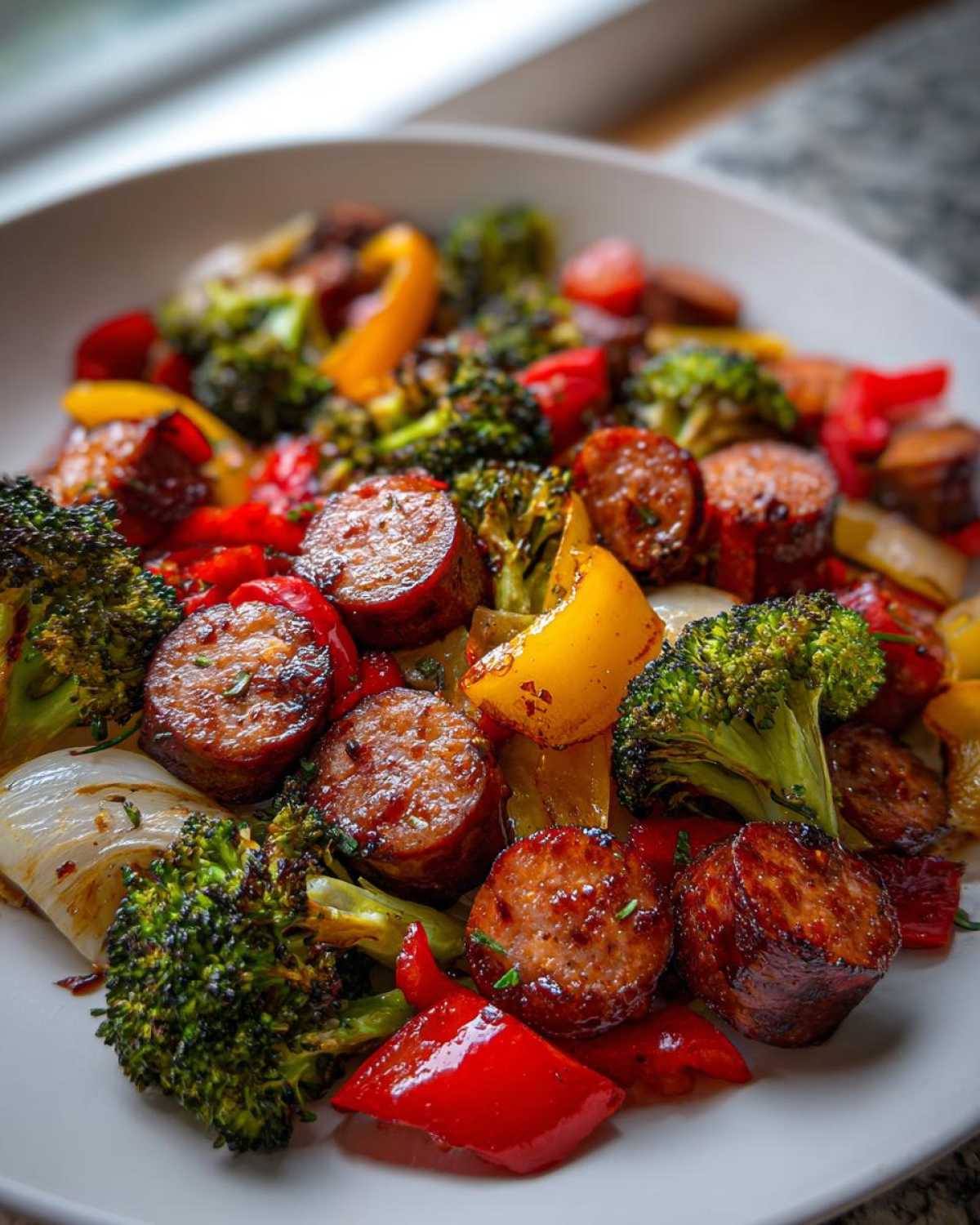 Close-up of pan-seared Honey Garlic Kielbasa & Veggies including broccoli, red and yellow peppers, and onions on a white plate.