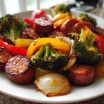 Close-up of glazed Honey Garlic Kielbasa & Veggies, featuring seared sausage, broccoli, and colorful bell peppers.
