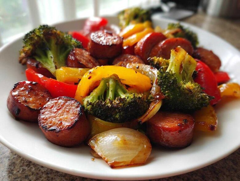Close-up of glazed Honey Garlic Kielbasa & Veggies, featuring seared sausage, broccoli, and colorful bell peppers.