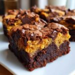 A thick, rich square of Brookies showing a dark chocolate brownie bottom layer and a lighter cookie dough top layer, studded with chocolate chips.