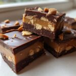 Close-up of rich, layered Snickers Fudge bites featuring chocolate, peanut butter caramel, and chopped peanuts.