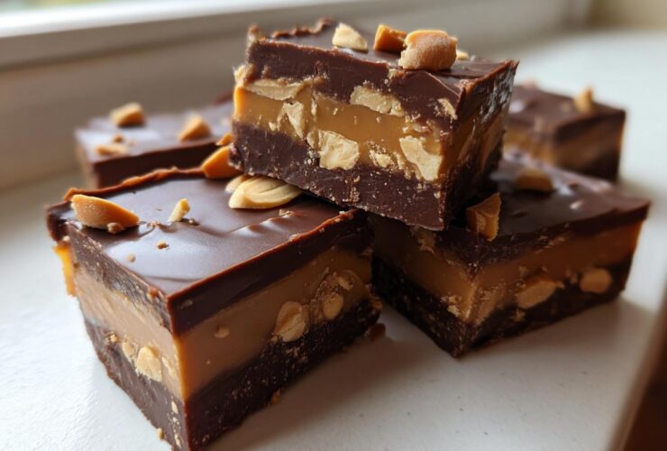 Close-up of rich, layered Snickers Fudge bites featuring chocolate, peanut butter caramel, and chopped peanuts.