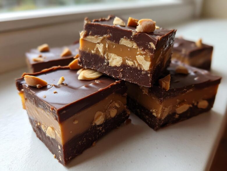 Close-up of rich, layered Snickers Fudge bites featuring chocolate, peanut butter caramel, and chopped peanuts.