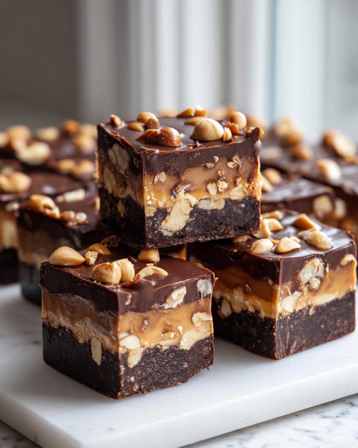 Close-up of stacked, square Snickers Fudge bites showing layers of dark chocolate base, caramel, peanuts, and chocolate topping.