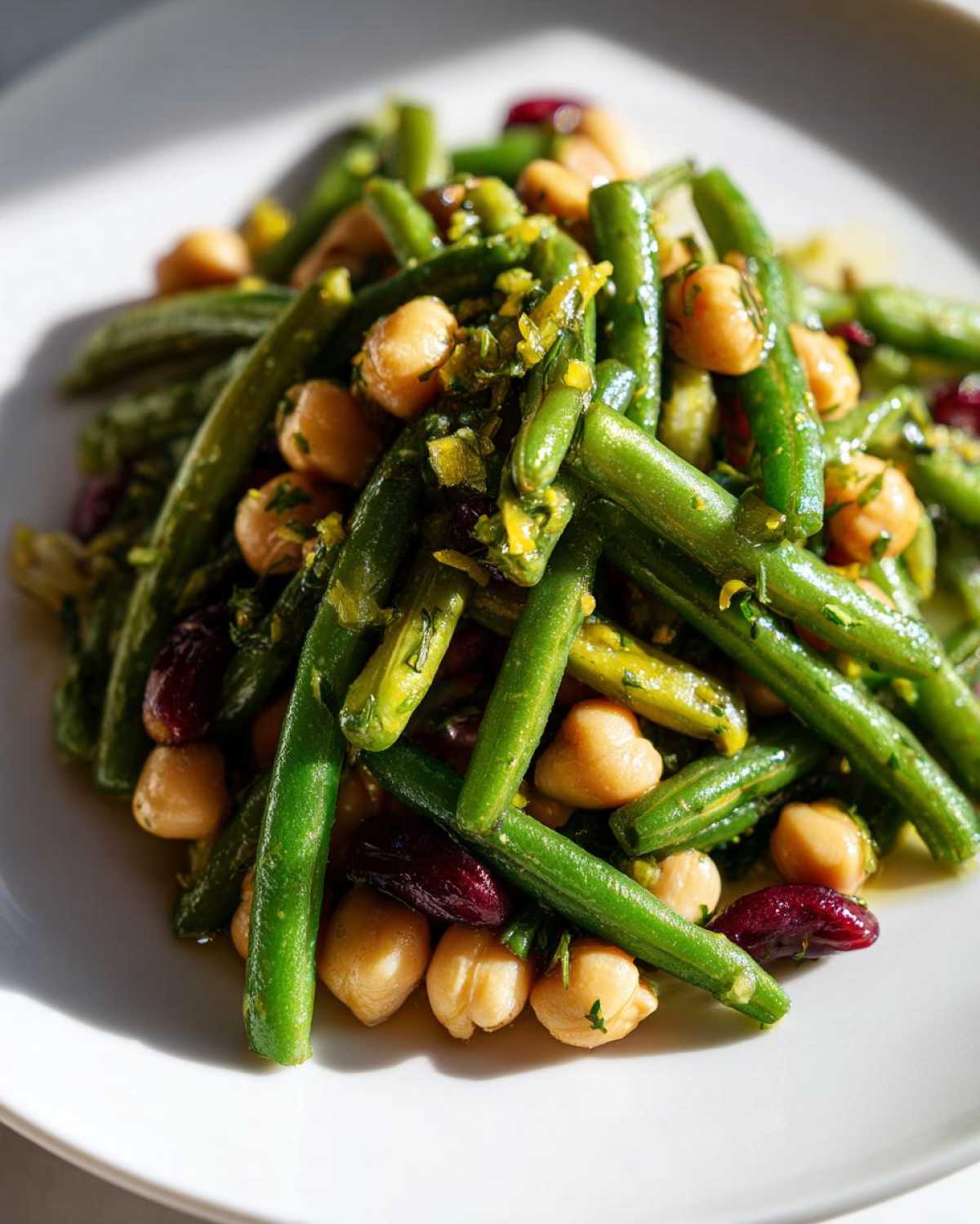 Close-up of bright green beans, chickpeas, and kidney beans tossed in a Lemon Basil Three Bean Salad dressing.