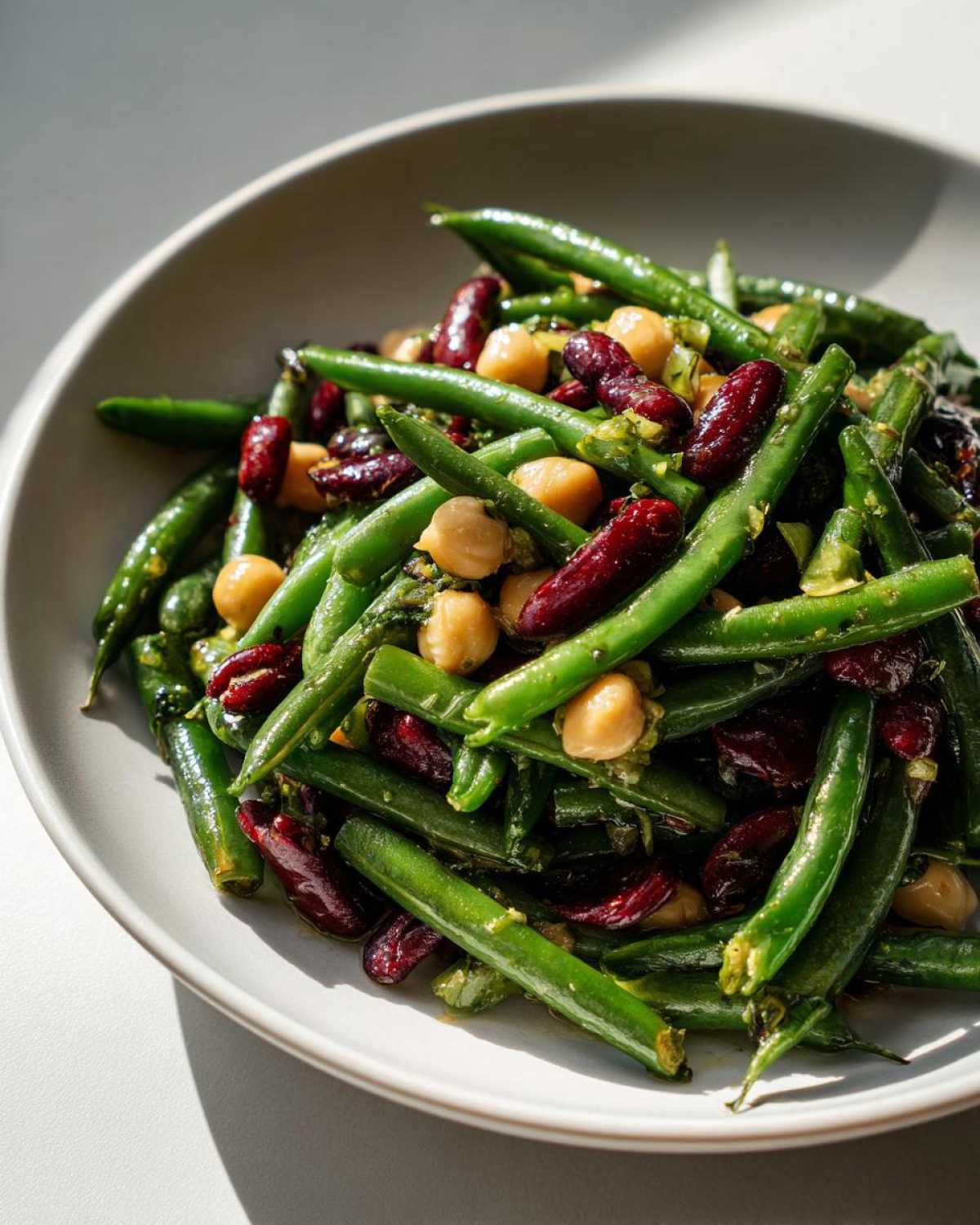 Close-up of bright green beans, red kidney beans, and chickpeas tossed together in a Lemon Basil Three Bean Salad.